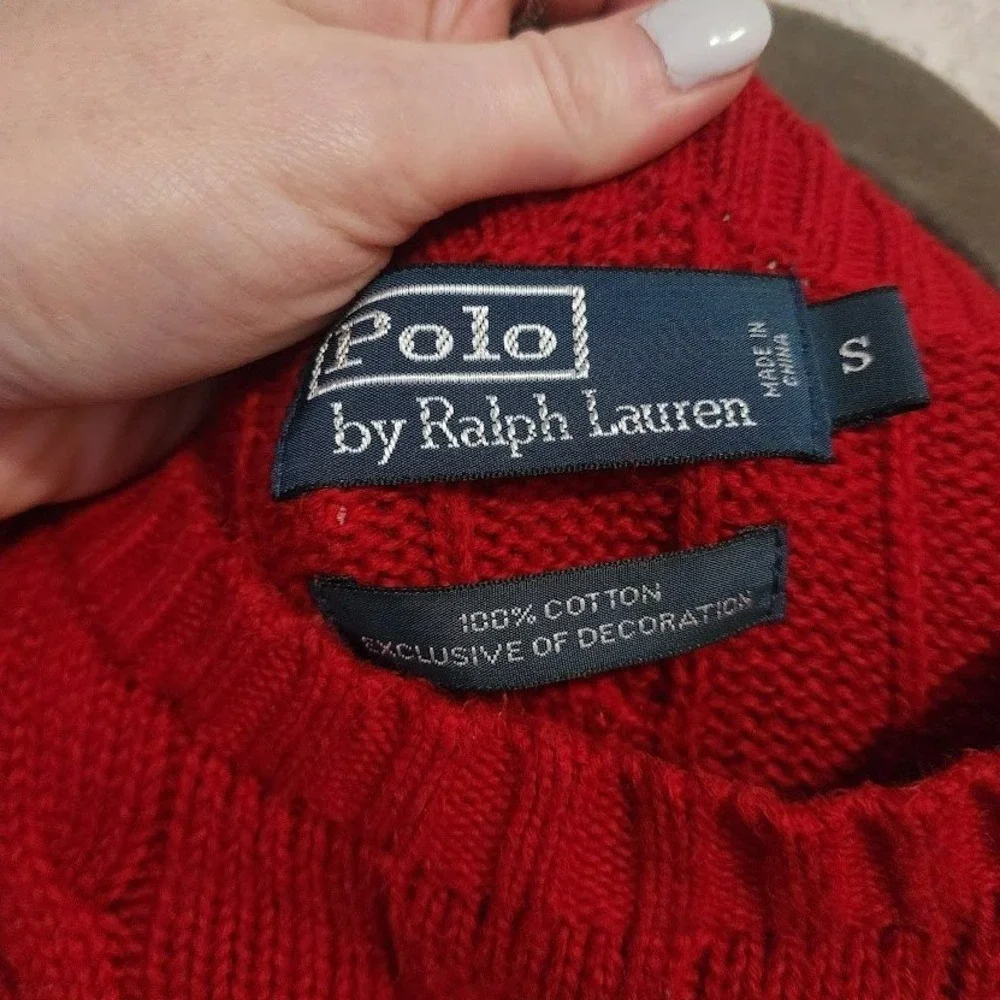 POLO RALPH LAUREN Cable Knit Sweater Red Cotton Pony Logo Preppy‎ 90s S
